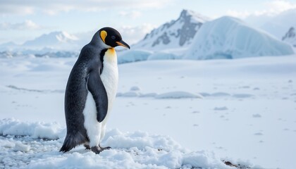 Obraz premium A close-up of an Adelie penguin standing on the icy shoreline of the Antarctic Peninsula. Snow gently falling. Endless white terrain in the background. Peaceful and iconic wildlife scene.
