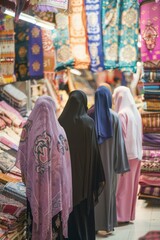 Women in Traditional Attire Shopping at Colorful Textile Market
