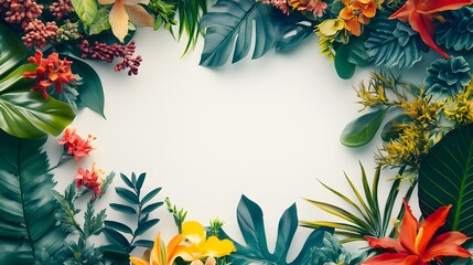 Vibrant Tropical Flowers and Lush Green Leaves Frame