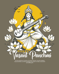 Happy Vasant Panchami with goddess Saraswati social media post template banner

