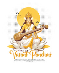 Happy Vasant Panchami with goddess Saraswati social media post template banner

