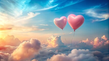 Fototapeta premium Two heart-shaped balloons drift peacefully amidst a breathtaking sunset sky, above a sea of fluffy clouds.