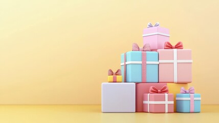 Fototapeta premium Happy Birthday Concept, A vibrant image of beautifully wrapped birthday presents.