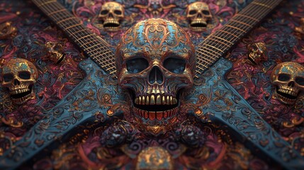 Heavy Metal Mandala Madness - Intricate 3D Render Digital Artwork with Skulls, Guitars, Vibrant Colors, and Mesmerizing Patterns