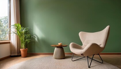 Empty Olive Green Wall Mockup in Mid Century Modern Interior with Lounge Chair and an Oval Coffee Table. Natural Daylight From a Window. Promotion Background.