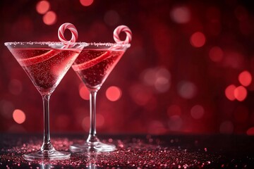 Two elegant martini glasses filled with sparkling pink cocktails, garnished with candy canes, perfect for Valentine's Day or festive holiday gatherings.