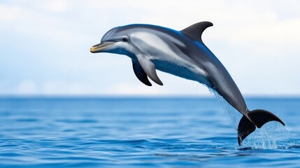 A dolphin leaps gracefully out of the ocean water.