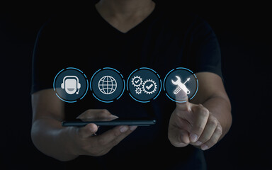 Technical support center customer service internet business technology concept. Person touching...