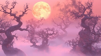 Moonlit Metal: Eerily Beautiful Haunting Landscape with Twisted Trees and Fog - 3D Render Digital Artwork