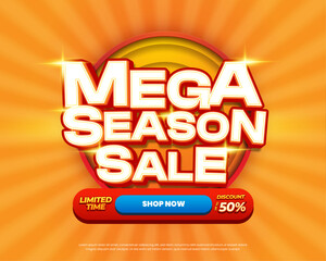 Mega Season Sale discount deals vibrant mix orange red gradient Editable text effect circle center sun rays horizontal banner