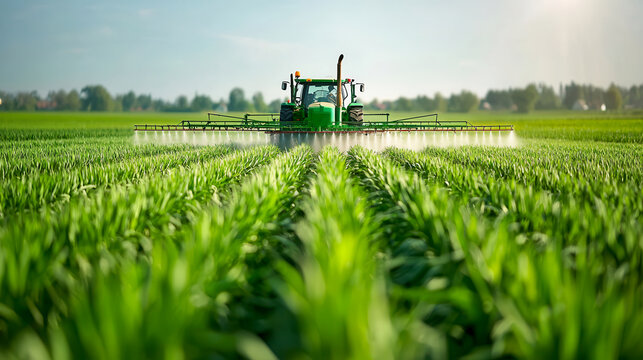 Tractor spraying crops in a lush green field