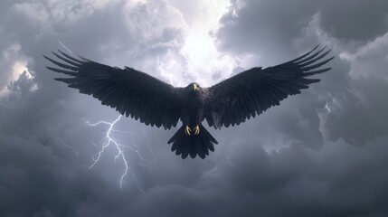 Obraz premium Thunderous Freedom: Majestic Eagle Soaring through Stormy Skies in Heavy Metal Band Style - Ultra-Detailed 3D Render Digital Artwork