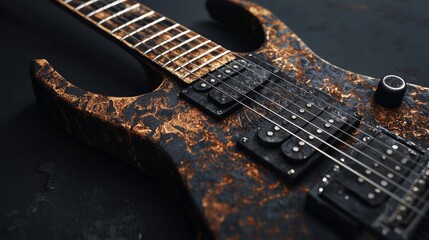 Fototapeta premium Ethereal Melodies: Close-Up of Rusted Guitar with Intricate Engravings in Dark Shadows and Soft Glowing Lights, Symbolizing Musician's Passion and Connection