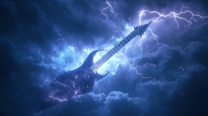 Fototapeta premium Electrifying Heavy Metal Chaos - 3D Render of Lightning Strike on Guitar with Dark Clouds, Raw Energy and Power in Digital Artwork