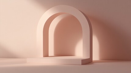 A minimalist arch structure casting soft shadows in a pastel setting.