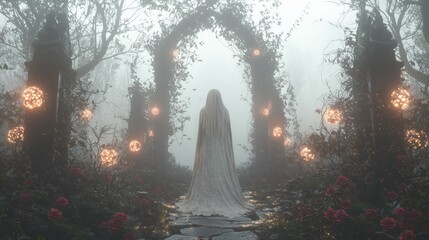 Phantom Femme: Gothic Beauty in Misty Forest - Heavy Metal Band Style Art 3D Render with Dark Roses, Glowing Orbs, and Ultra-Detailed Aesthetic