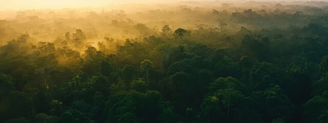 Naklejka premium A bird's eye view of the Amazon rainforest canopy at sunrise, Rainforest scene, Naturalistic style