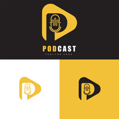 podcast logo with microphone and earphone audio, radio waves. for studio, talk show, chat, information sharing, interview, multimedia.
