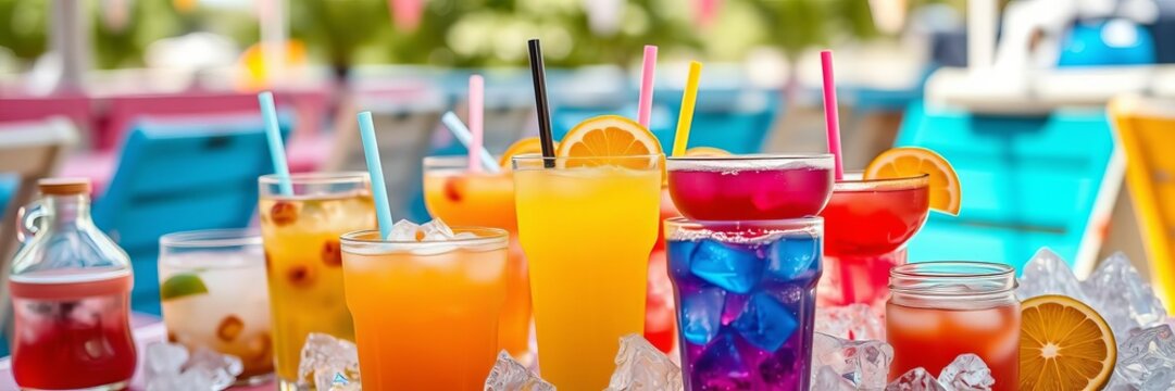 A selection of colorful summer drinks filled with ice cubes and garnished with fresh fruits, ideal for outdoor gatherings and warm days, cold, drinks