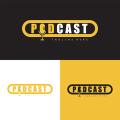 podcast logo with microphone and earphone audio, radio waves. for studio, talk show, chat, information sharing, interview, multimedia.