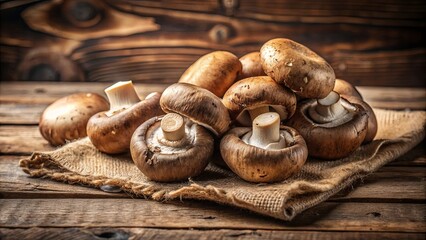 A rustic pile of fresh brown mushrooms on burlap, resting on a weathered wooden surface