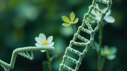 Naklejka premium A realistic 3D rendering of a flower with DNA strands intertwined, representing the concept of green biotechnology and synthetic biology, synthetic biology, research