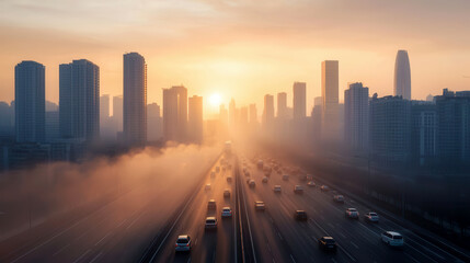 Fototapeta premium Urban skyline at sunrise with mist and traffic