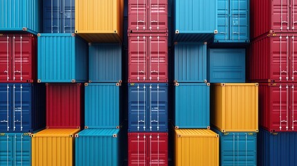 Fototapeta premium Colorful stacked shipping containers in a cargo yard