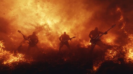 Chaos Unleashed: Epic Heavy Metal Battlefield Artwork with Shadowy Figures in Swirling Smoke and Fire - 3D Render Digital Illustration