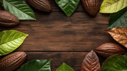 Cocoa Beans and Leaves on Wooden Background