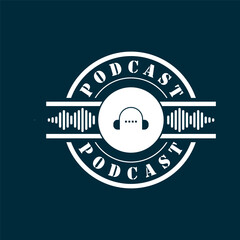 podcast logo with microphone and earphone audio, radio waves. for studio, talk show, chat, information sharing, interview, multimedia.
