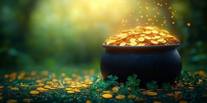 Banner with Pot of gold coins, clover leaves and rainbow. St. Patrick's day concept.
