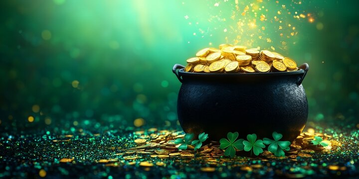 Banner with Pot of gold coins, clover leaves and rainbow. St. Patrick's day concept.
