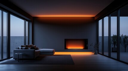 Fototapeta premium Modern living room with ambient lighting and fireplace
