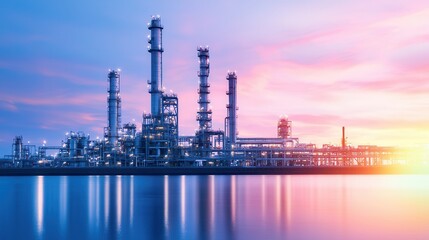 Obraz premium Modern industrial complex at sunset reflecting on water