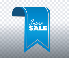 Blue ribbon tag with Super Sale text, isolated on a transparent background, ideal for promotions, discounts, or special marketing campaigns. Vector illustration