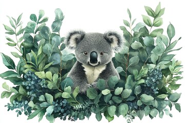 A cute koala surrounded by lush green foliage and leaves.