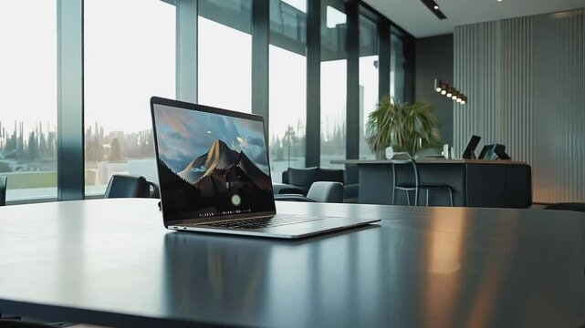 A sleek laptop computer rests on a polished table in a contemporary office setting. The device's screen reflects a scenic mountain vista, symbolizing potential and progress. 
