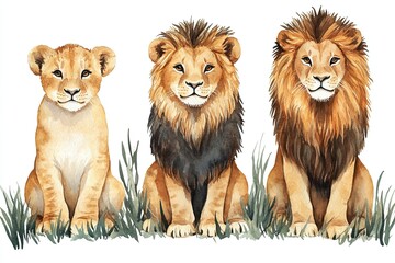 Three lions, including a cub, depicted in a watercolor style.