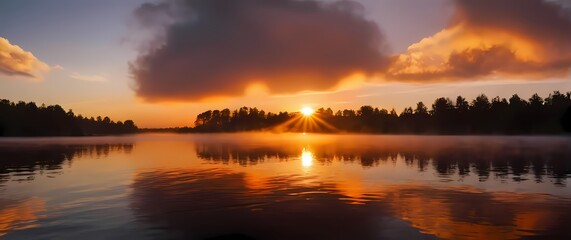 Brilliant sunset scenes reflected in tranquil waters inviting peaceful recollections