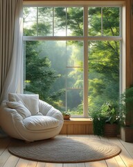 Cozy armchair by sunlit window overlooking lush green forest.