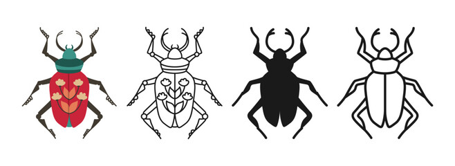 Beetles symbols cartoon set. Abstract bugs linear doodle icon. Stylized folk art insects flat hand drawn emblem collection. Sign simple shape cute funny insect clipart. Vector isolated illustration