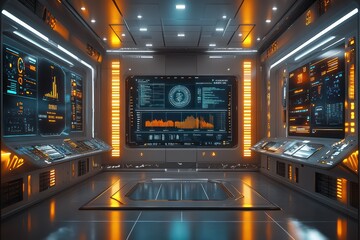 Futuristic Control Room: High-Tech Spaceship Bridge Interface