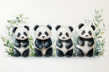 Obraz premium Four cute panda illustrations surrounded by greenery.