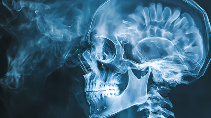 Smoky blue x-ray of human skull. Etherwood. Illustration