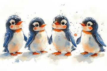 A charming watercolor illustration of four cute penguins in various poses.