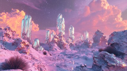 Futuristic Mechanical-Botanical Landscape: Chrome Cacti, Glowing Rocks, and Starry Skies of Adventure and Creativity. Ultra-Detailed 3D Render Digital Artwork.