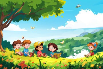 Children reading a book in the park. Vector illustration of cartoon style.