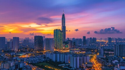 Obraz premium A vibrant city skyline at sunset, showcasing modern architecture.