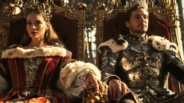 Two regal figures, a queen and king, seated side-by-side on an ornate throne, their imposing presence commanding the attention of all who behold them